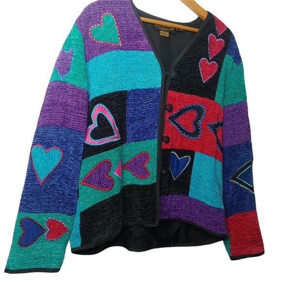 Alex Kim Wearable Art Women's Small Woven Patchwork Jacket Hearts Colorful Lined - Picture 7 of 12